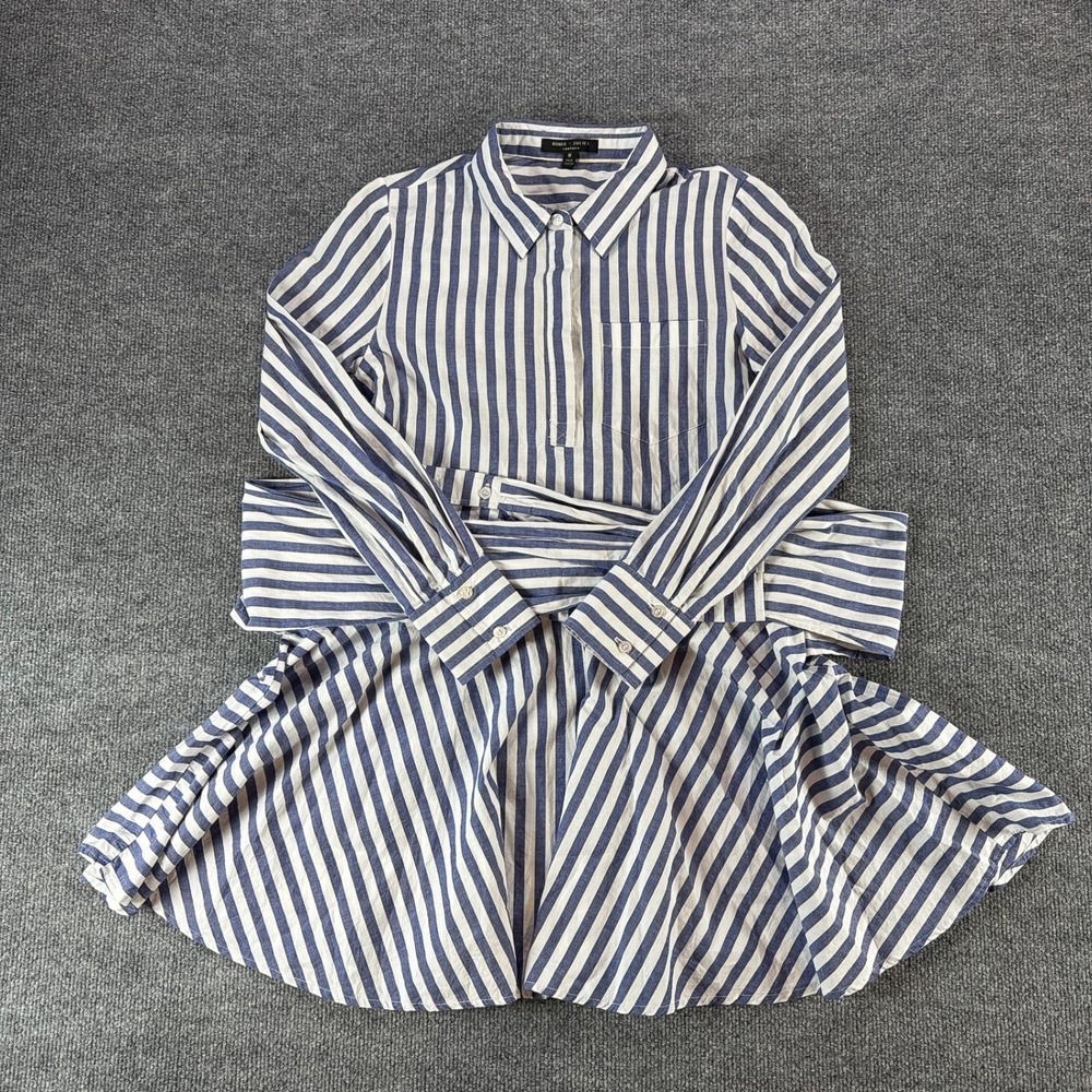 Romeo + Juliet Couture Blue White Striped Peplum Tie Waist Button Up Shirt M